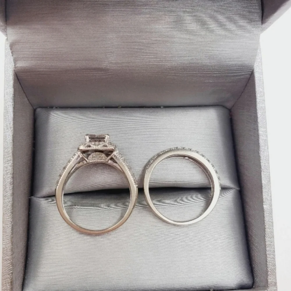14k White Gold Diamond Engagement Ring & Wedding Band Bridal Set